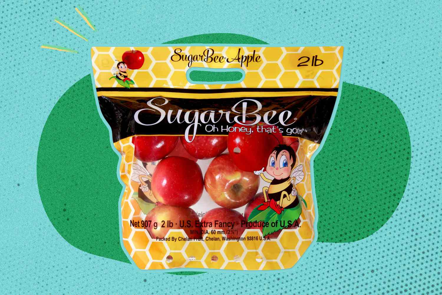 A plastic bag of SugarBee apples showing the apples inside