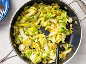 overhead view of a pan of Stir Fried Napa Cabbage
