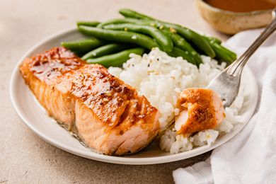 Miso Glazed Salmon on a Plate with Green Beans and Rice
