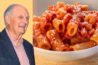 A split image of Alan Alda and a bowl of pasta in tomato sauce