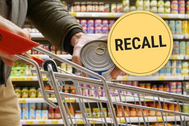 A person placing a canned good into a shopping cart with a graphic indicating recall superimposed over the image