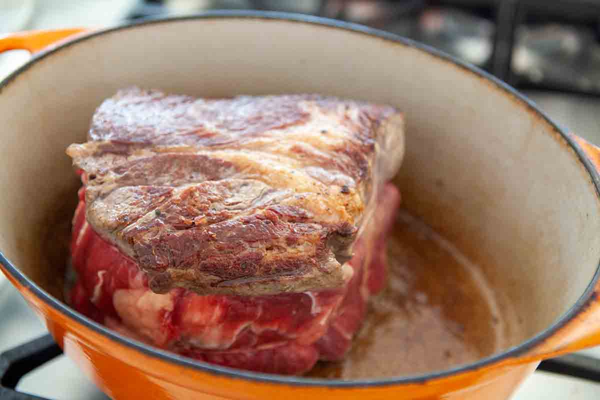 sear beef roast for braised beef roast with red wine dish