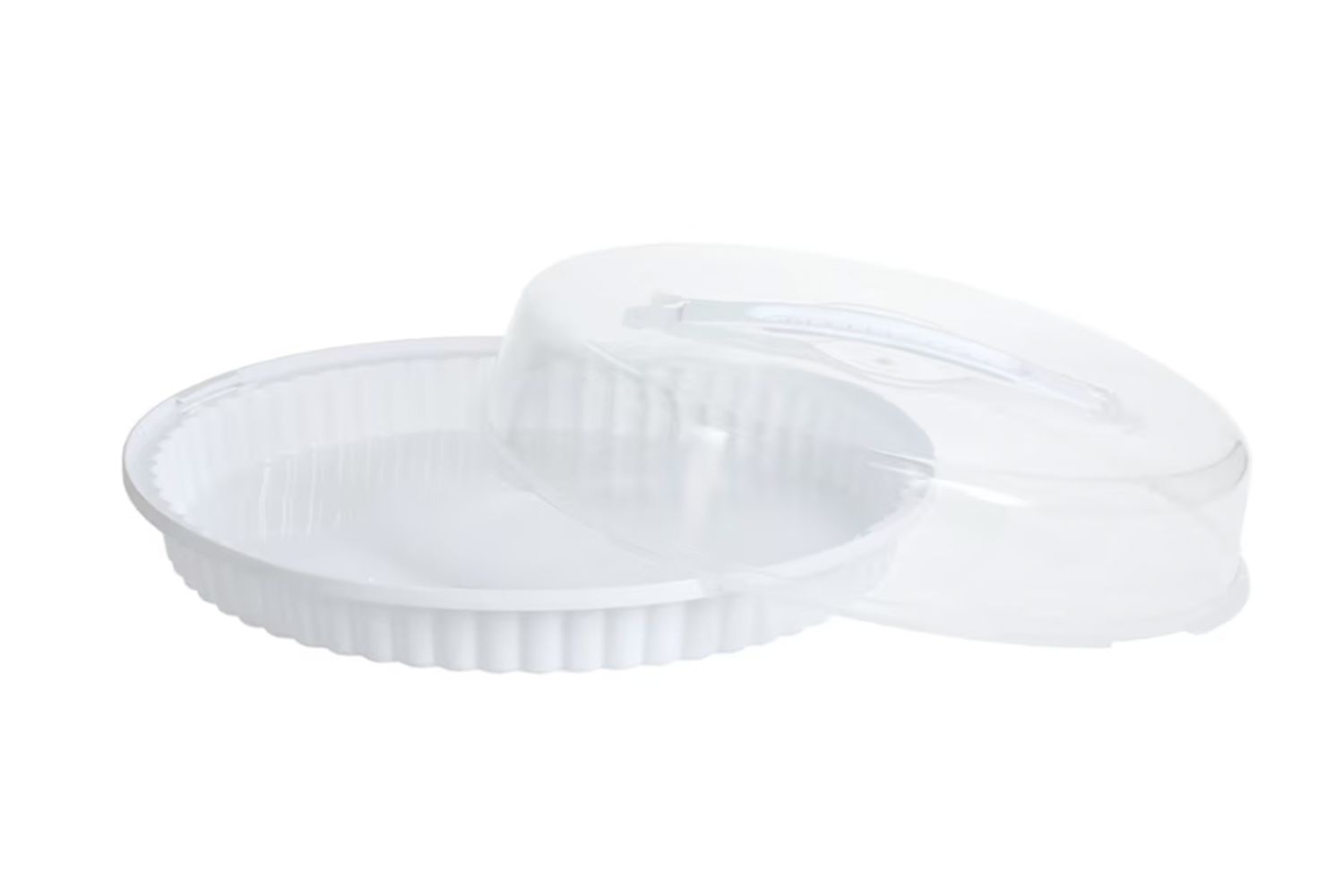 A clear plastic container with a lid suitable for food storage or transportation