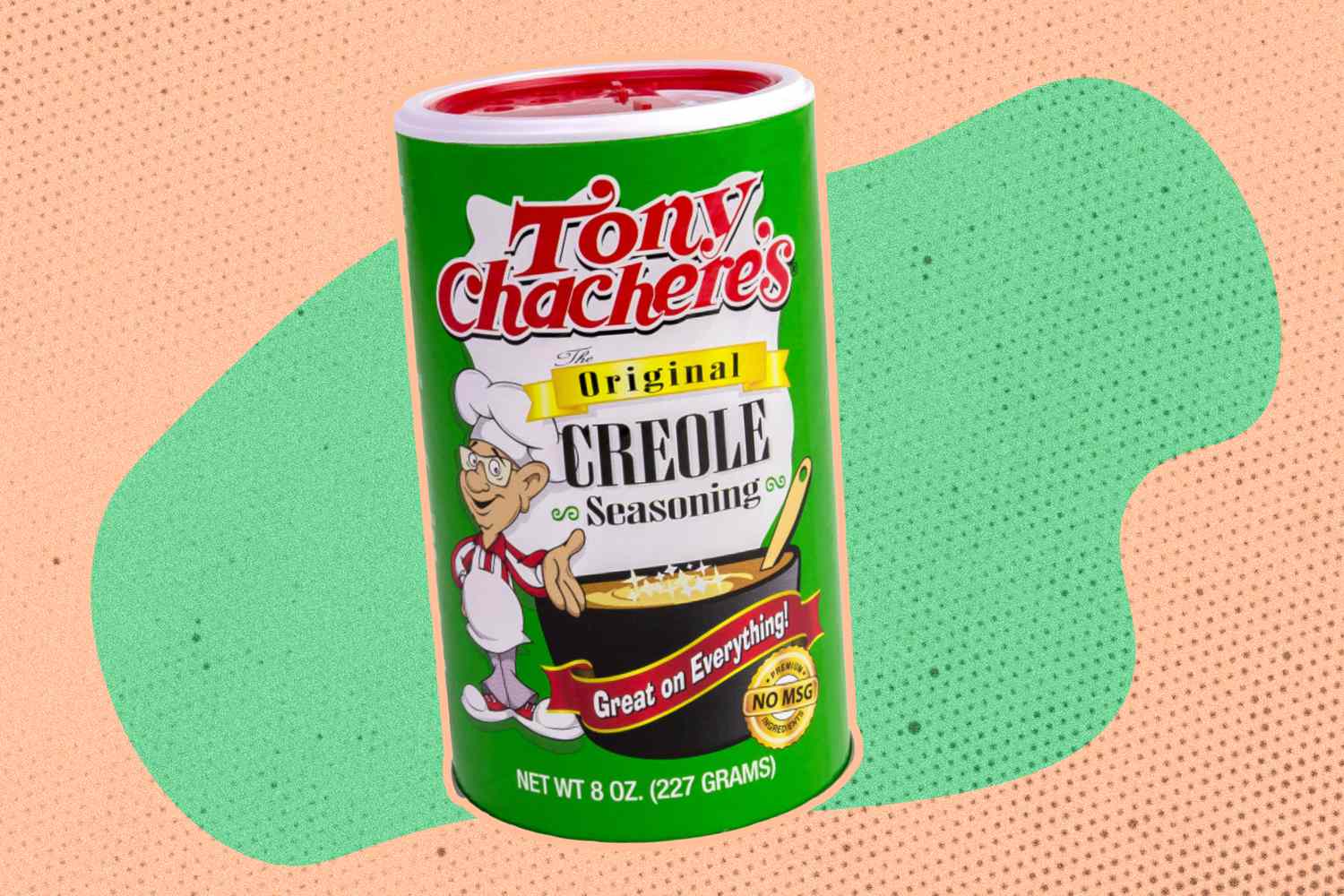 Tony Chachere's Original Creole Seasoning container, front label visible, "Great on Everything!" tagline shown, set against a patterned background.