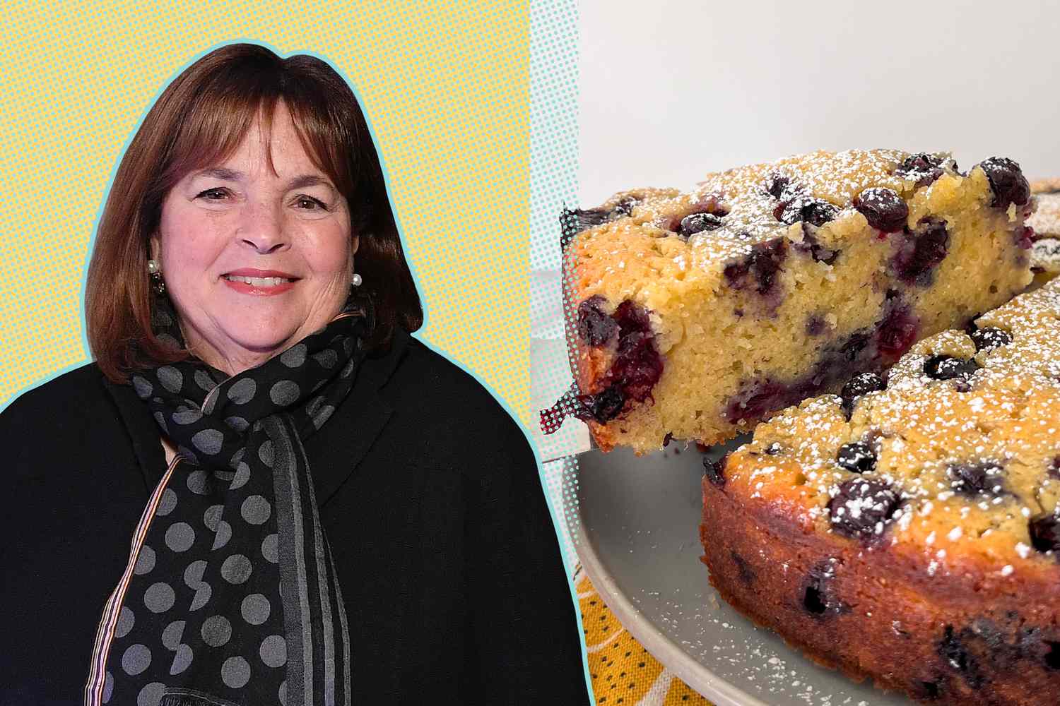 Photo of Ina Garten next to a photo of her blueberry ricotta cake