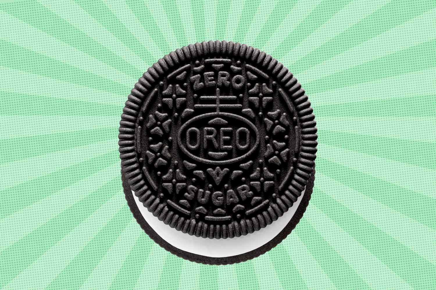 An Oreo cookie marked with zero sugar text on a green radial background