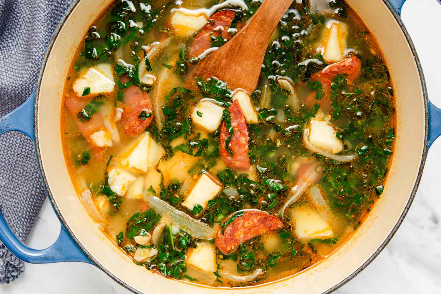 large pot of Caldo Verde (Portuguese Kale Soup)