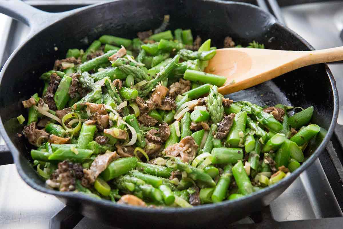 saute morels with asparagus and green garlic