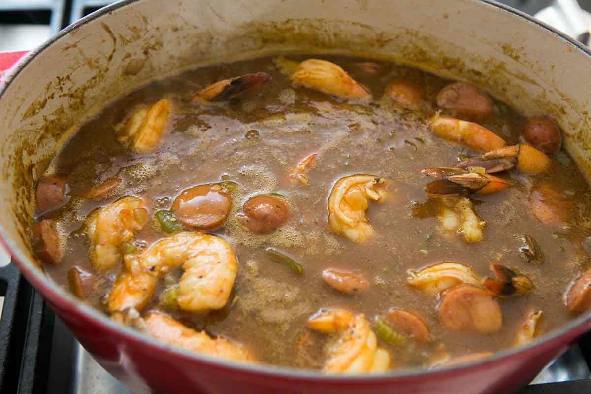 Cook the gumbo until the shrimp are cooked through