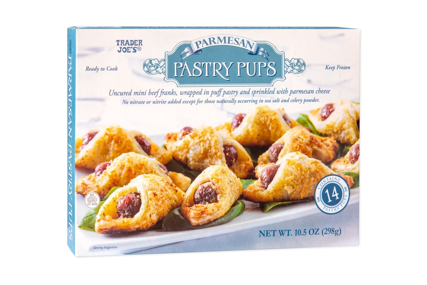 Box of Trader Joes Parmesan Pastry Pups featuring mini beef franks in puff pastry