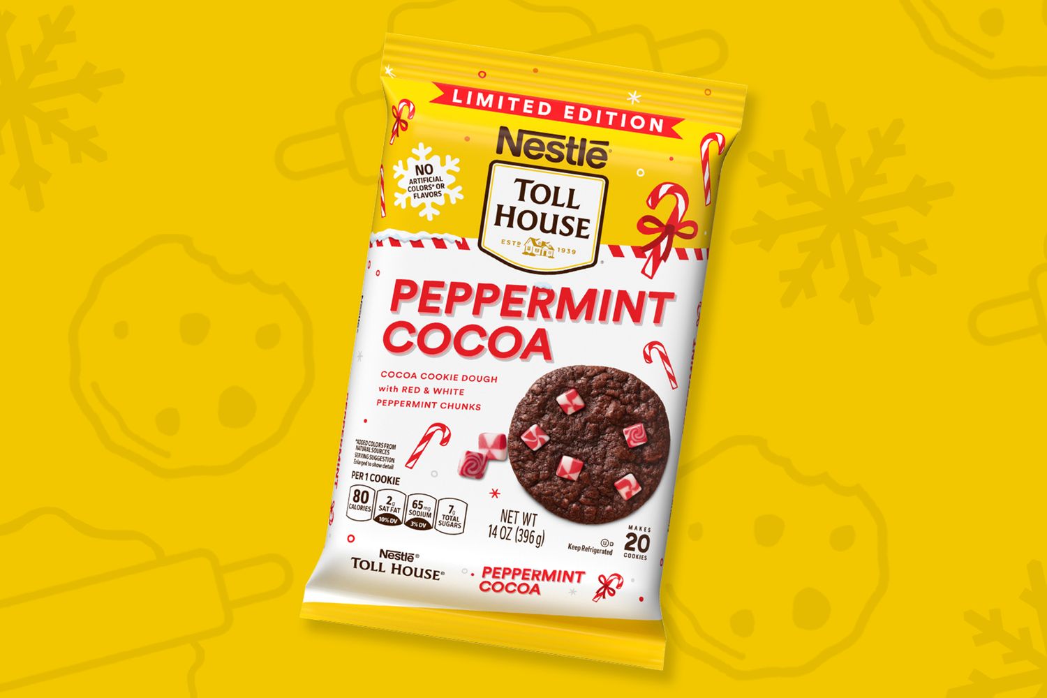 Nestle Toll House Peppermint Cocoa cookie dough package on a yellow background with subtle cookie outlines