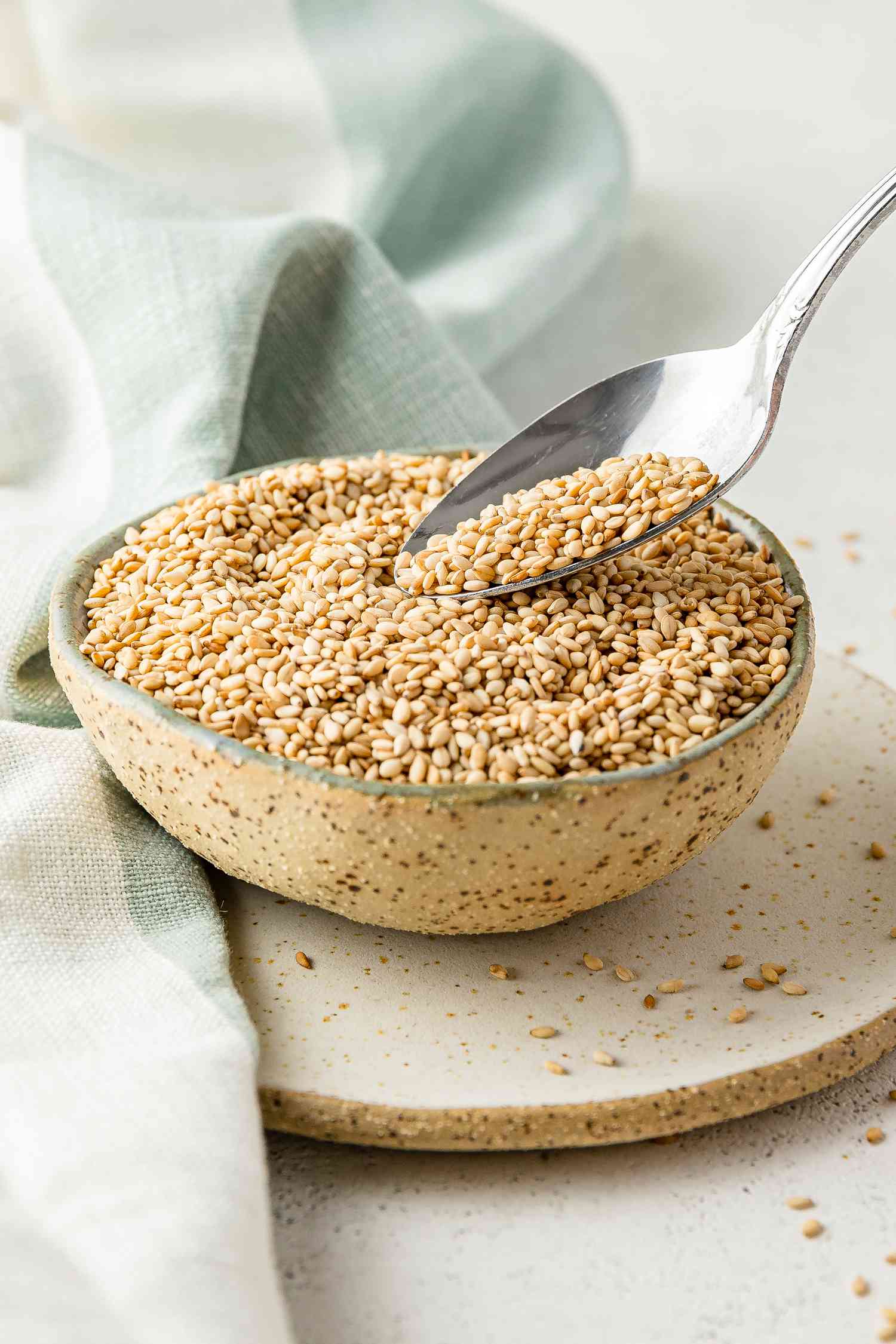 Toasted Sesame Seeds in a Bowl with Some on a Spoon