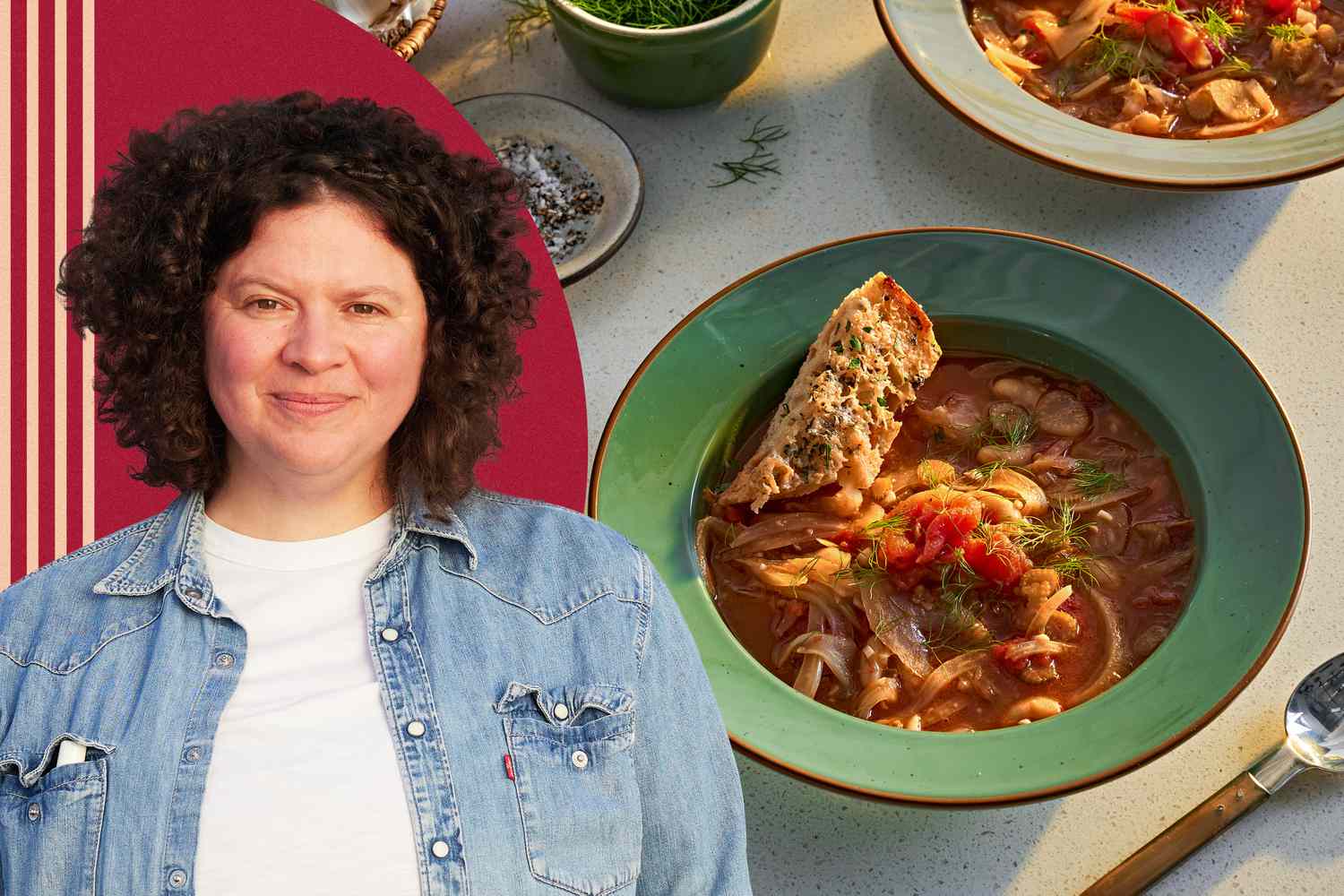 Portrait of Julia Turshen alongside bowls of tomato, white bean, and fennel soup