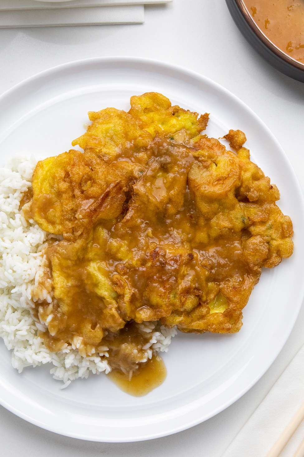 Egg Foo Young on a Plate with Jasmine Rice
