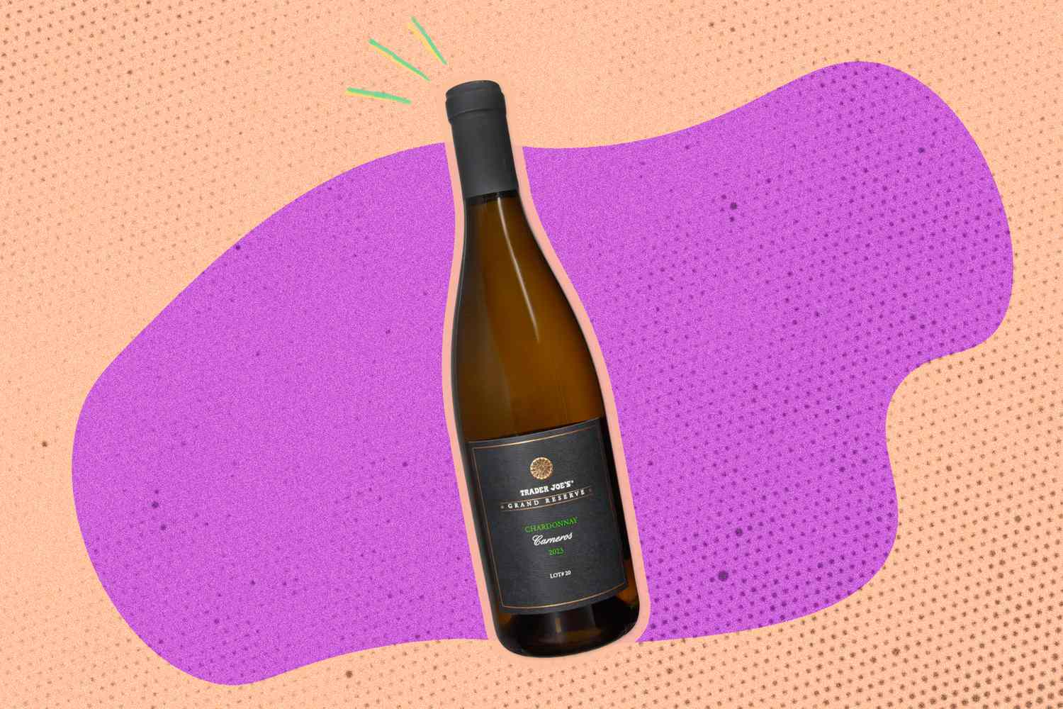 Bottle of Trader Joe's Grand Reserve Chardonnay Carneros 2023 on a violet and orange speckled background