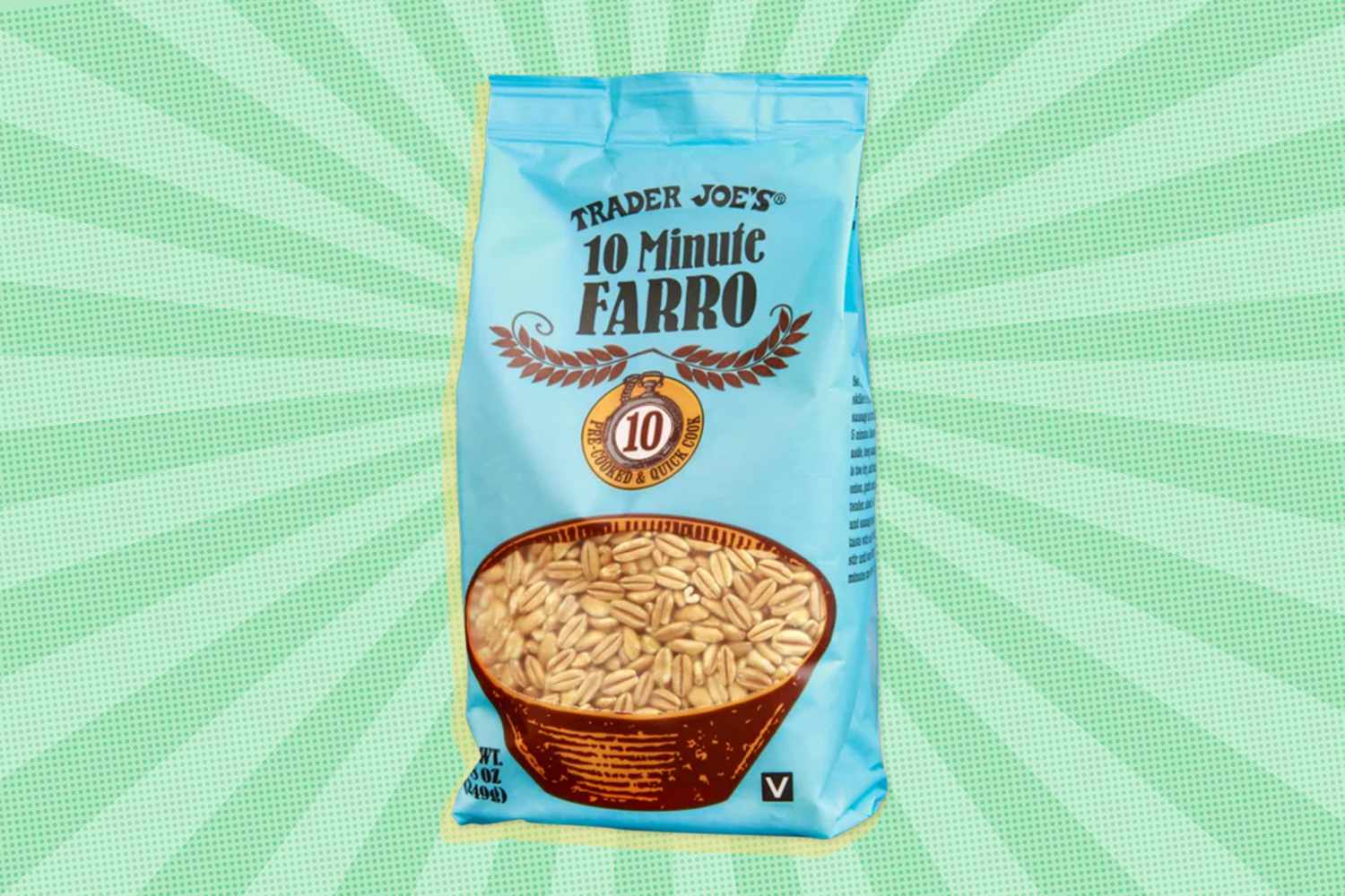Package of Trader Joe's 10 Minute Farro on a striped and speckled green background