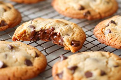 Chocolate chip cookies on a cooling rack