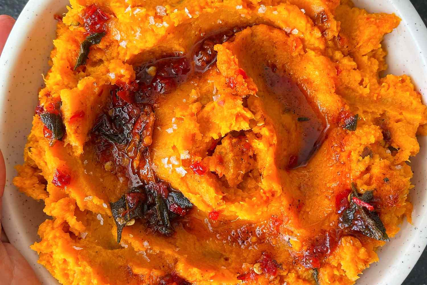 bowl of alton brown's mashed chipotle sweet potatoes