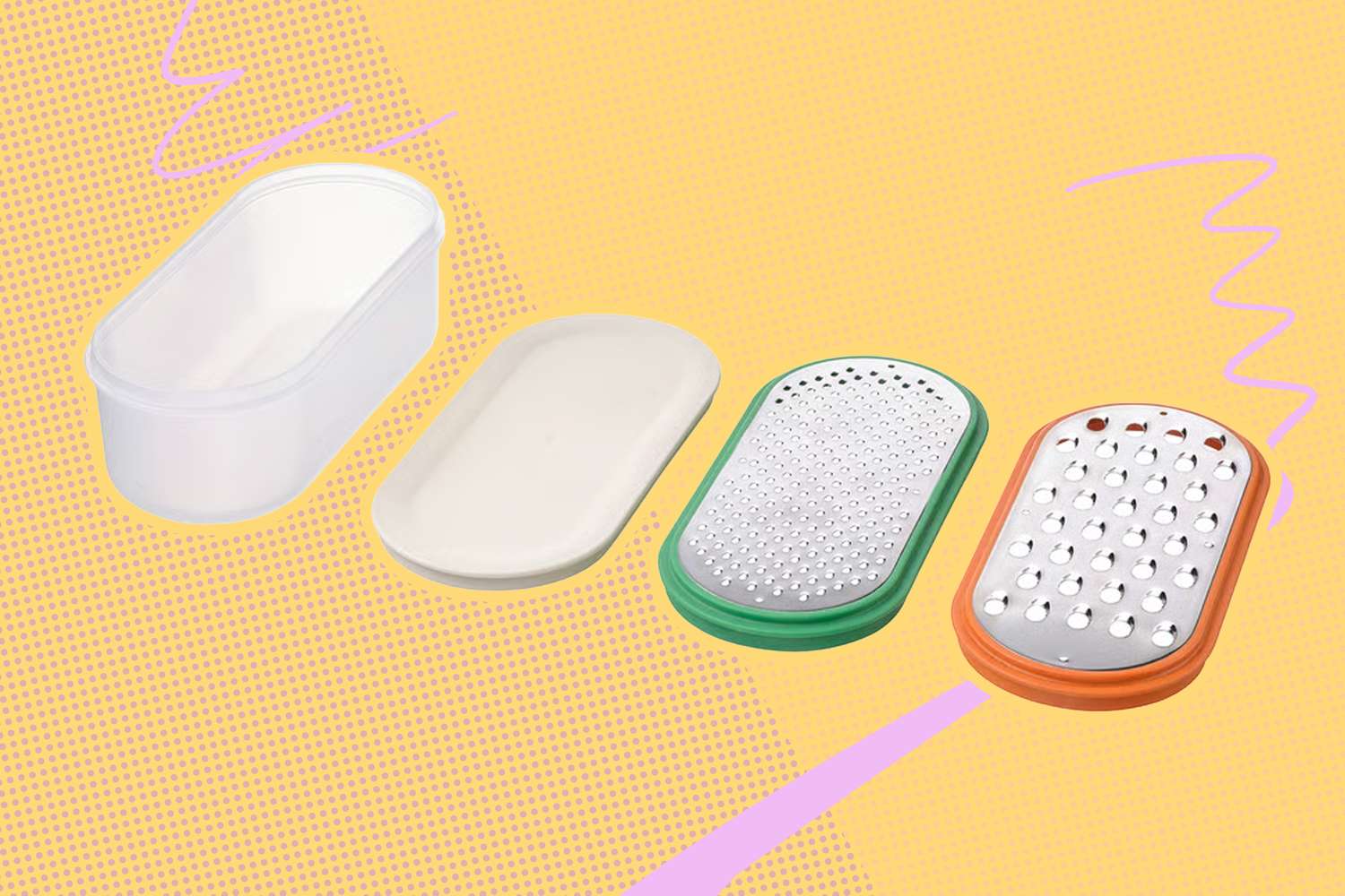 An IKEA cheese grater with accompanying components including a container lid and grating surfaces