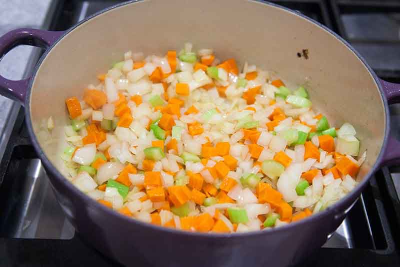 Sautéed onions, carrots, and celery for braised lamb shanks recipe