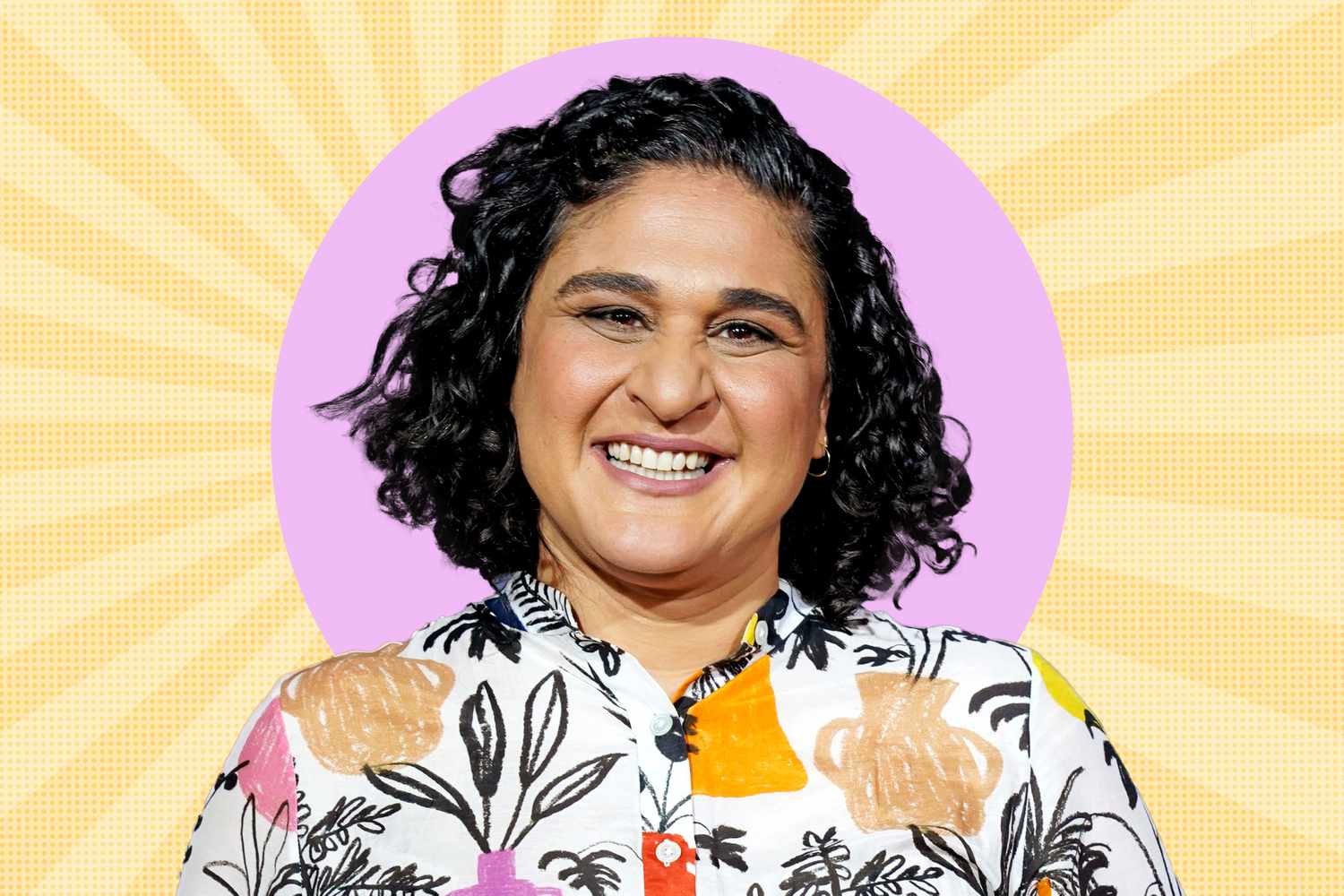 Chef Samin Nosrat against a decorative background
