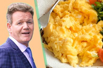 Gordon Ramsey and a photo of scrambled eggs close up