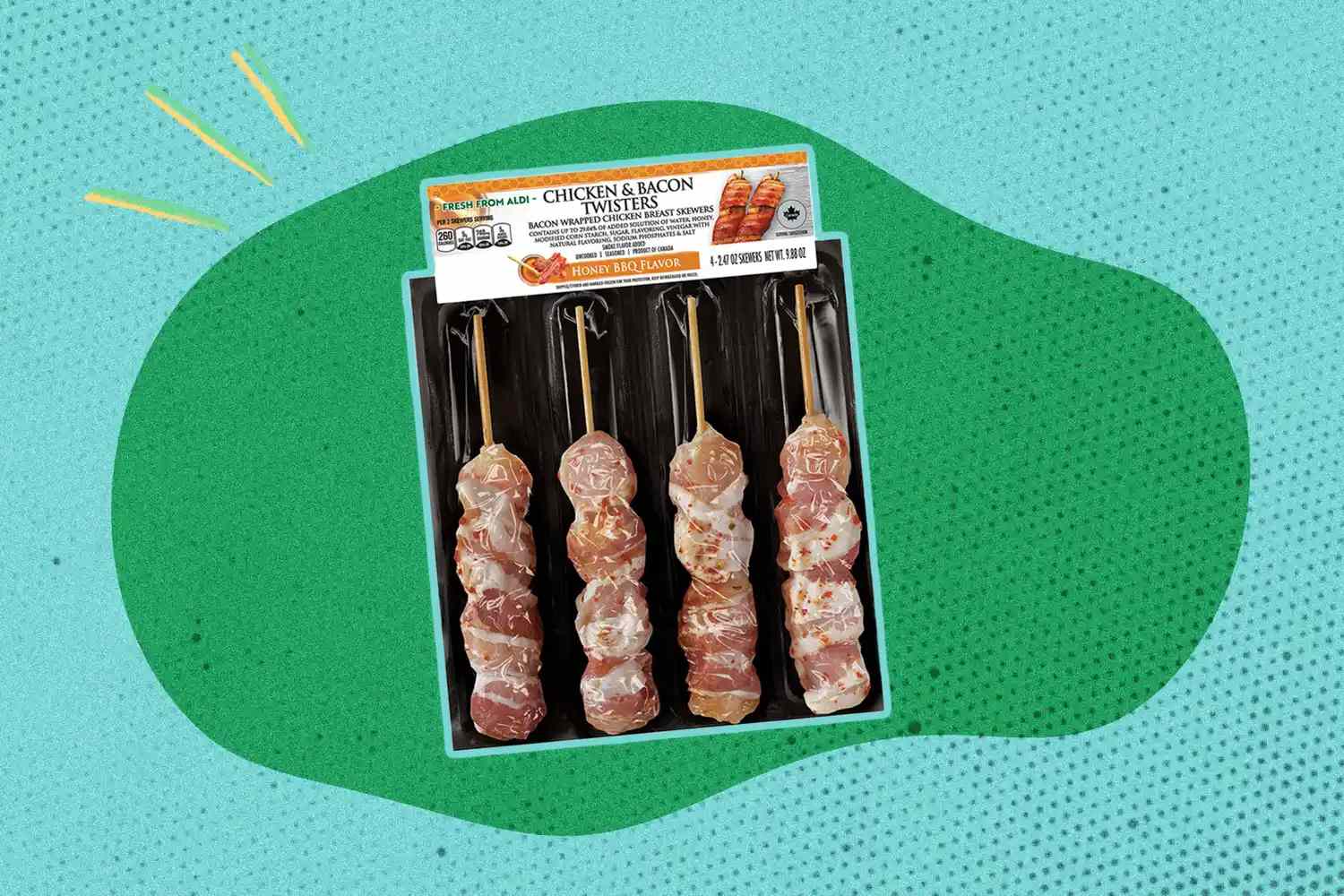 A packaged tray of chicken and bacon skewers displayed on a decorative background