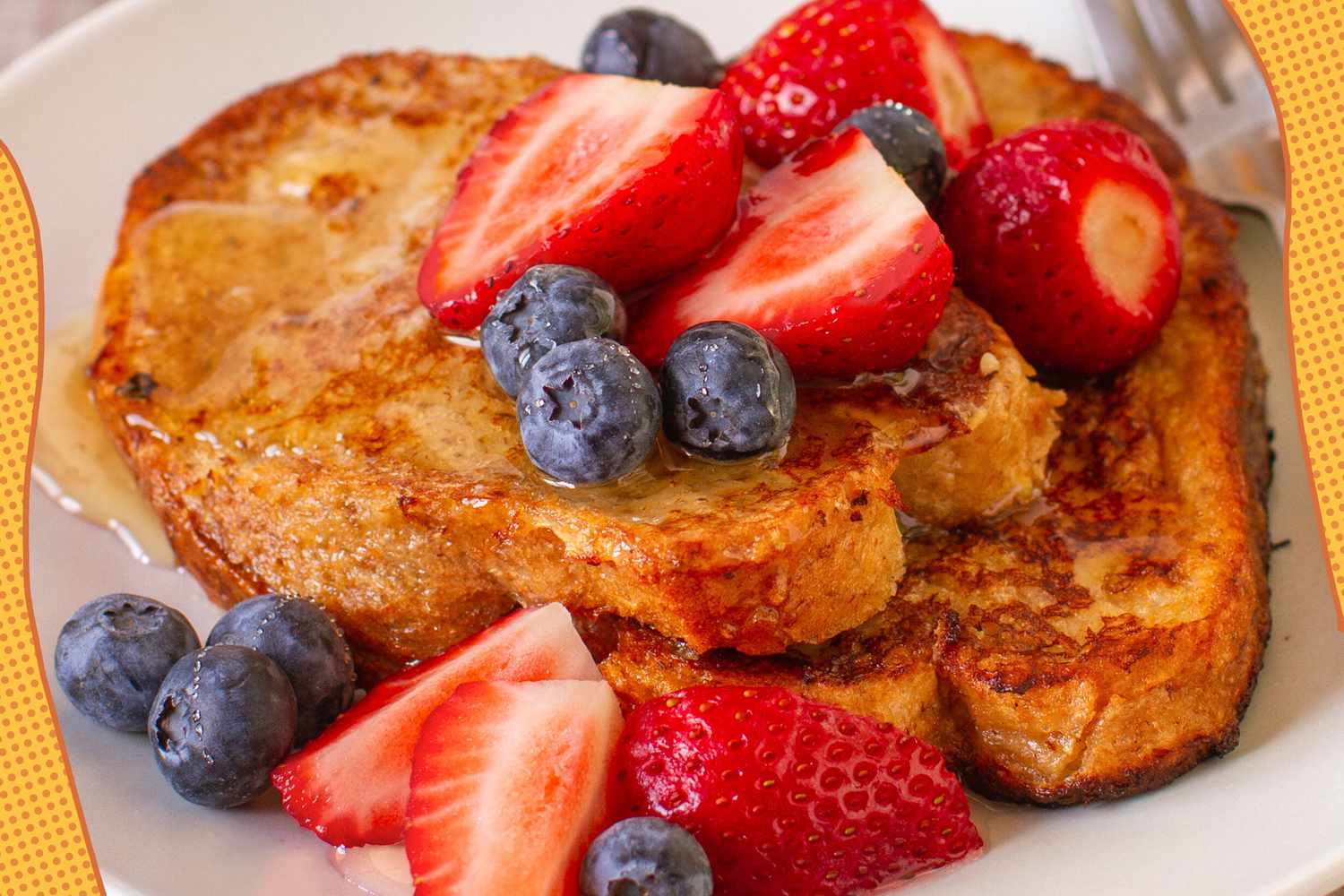 Phot of french toast on a plate with maple syrup and cut fruit, and on the edge of the photo, yellow lined illustrations 
