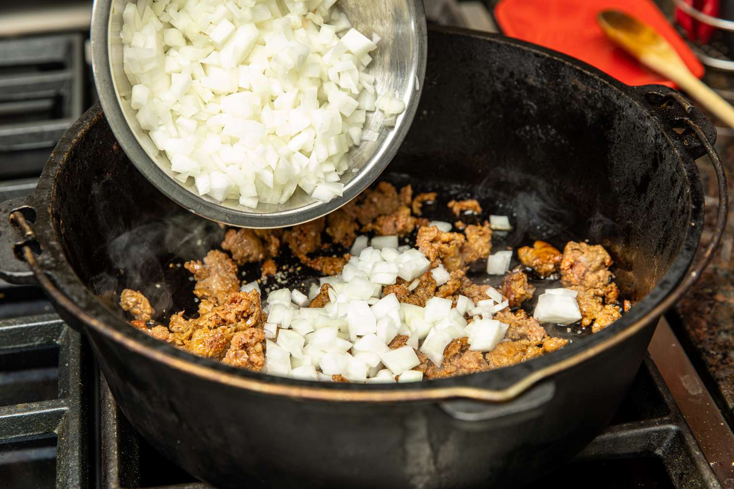 Onions Added to Pot with Browned Sausage 
