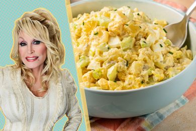 A split image of Dolly Parton and a bowl of potato salad side by side