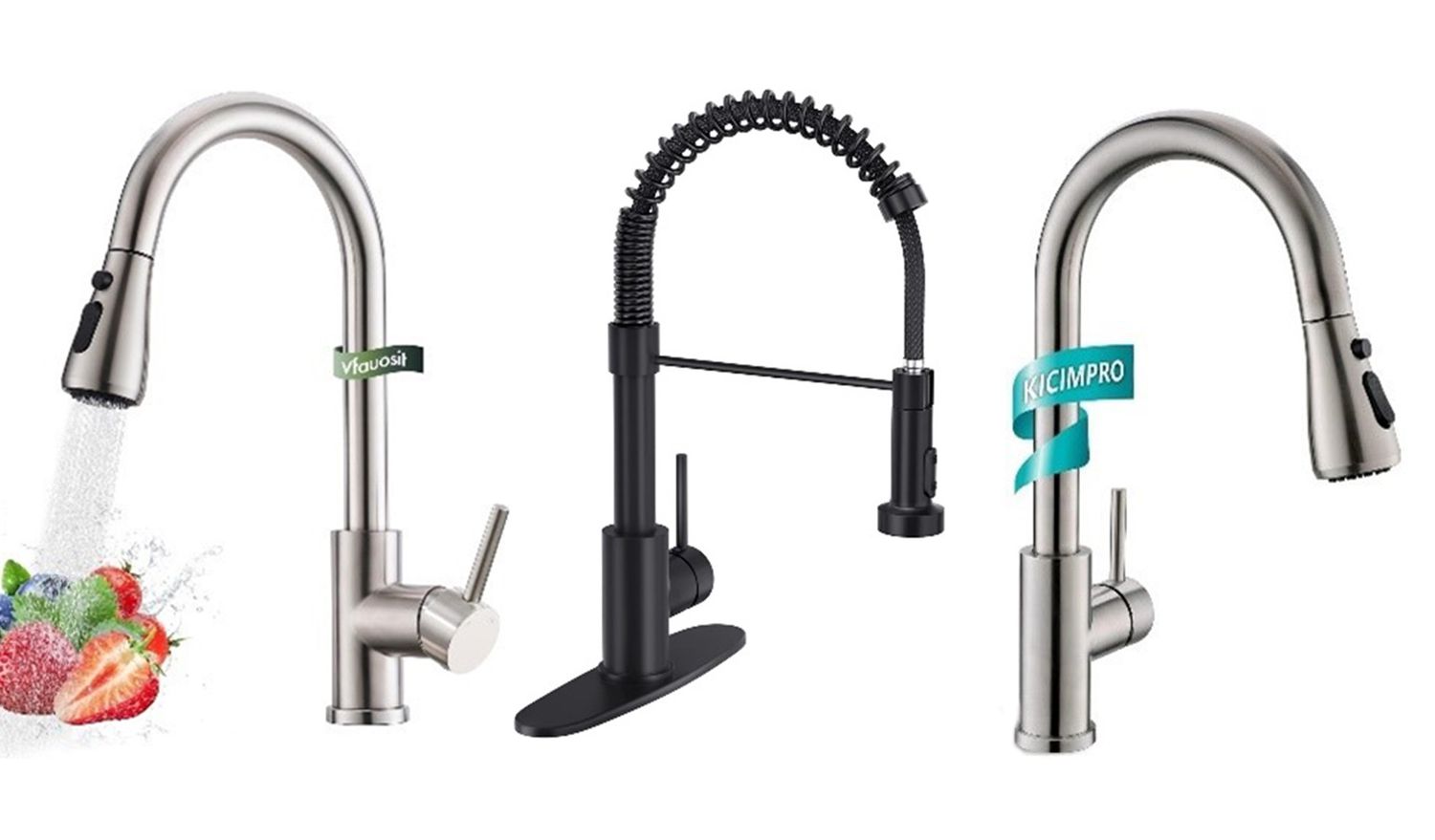 Three different kitchen faucets, each showing a unique design and brand label
