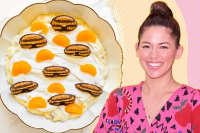 A split image of Molly Yeh's cookie salad in a large serving bowl and a headshot of Molly Yeh