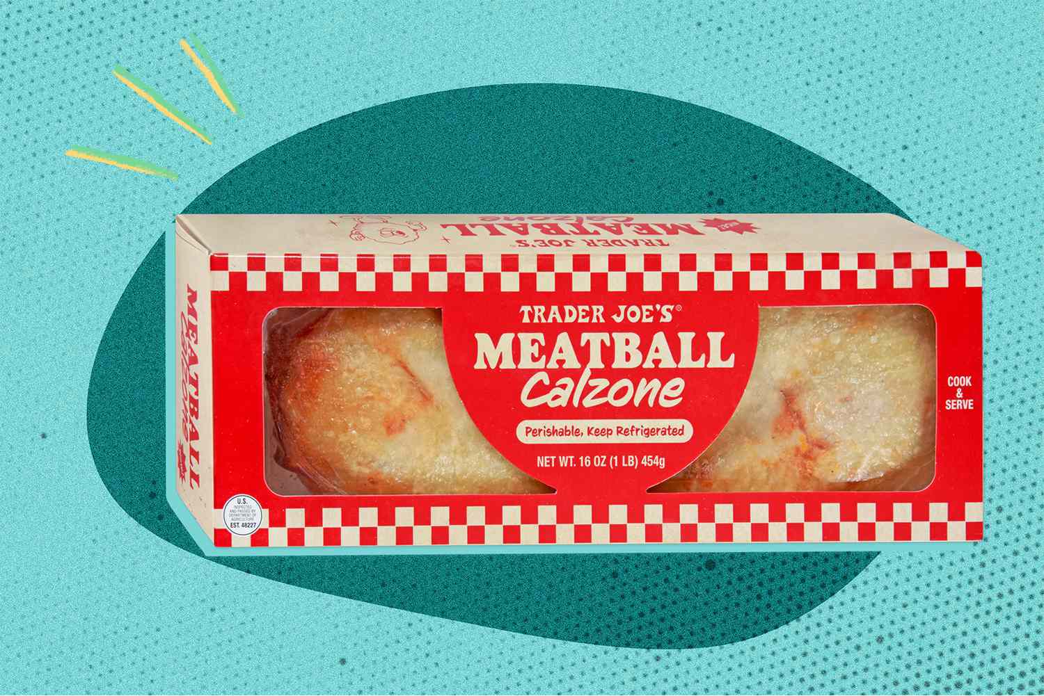 Trader Joe's Meatball Calzone in packaging against a stylized background