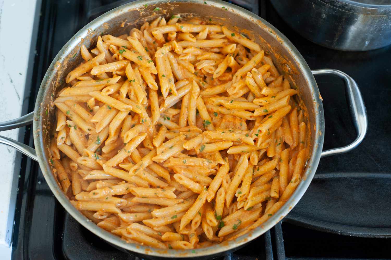 Penne alla Vodka in Skillet over Stove