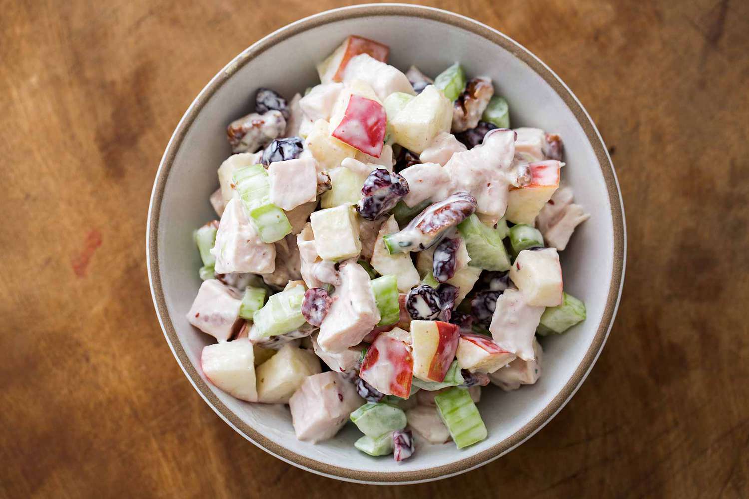 Turkey waldorf salad in a bowl, ready to eat