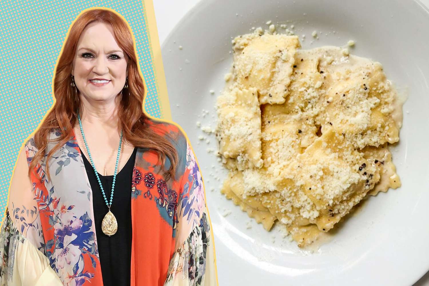 Ree Drummond next to a plate of cacio e pepe pasta