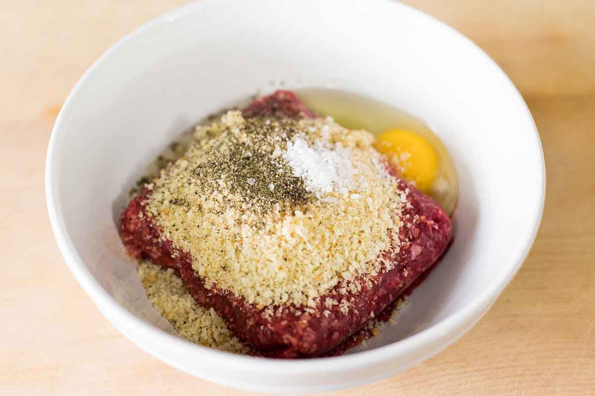 ground beef, breadcrumbs, egg, salt, and pepper for the homemade salisbury steak mix
