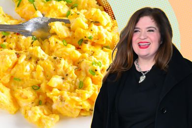 Alex Guarnaschelli headshot next to scrambled eggs with a fork