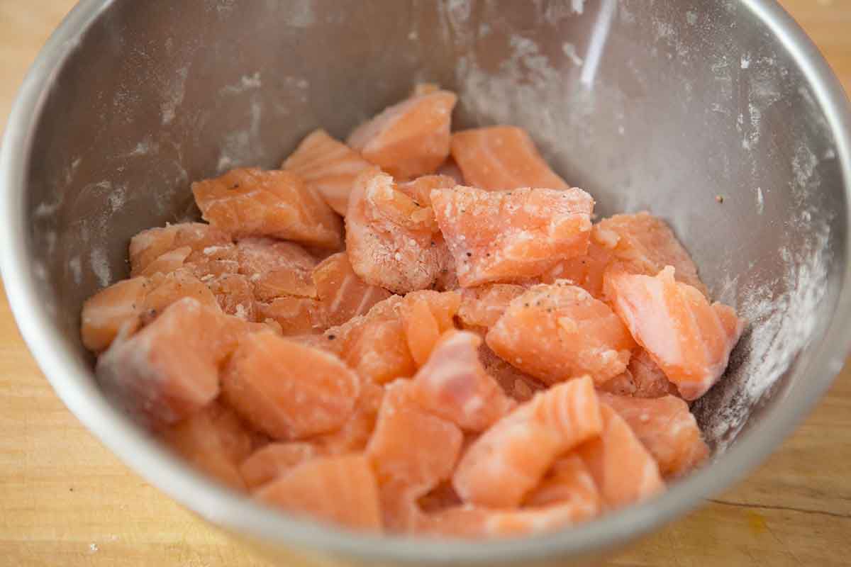 fresh salmon in a bowl for chowder