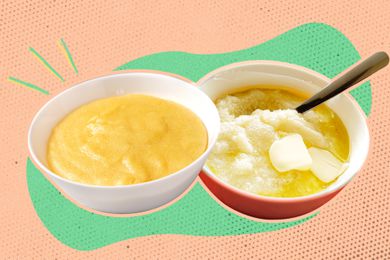 grits and polenta image cutouts over a peach and green graphic