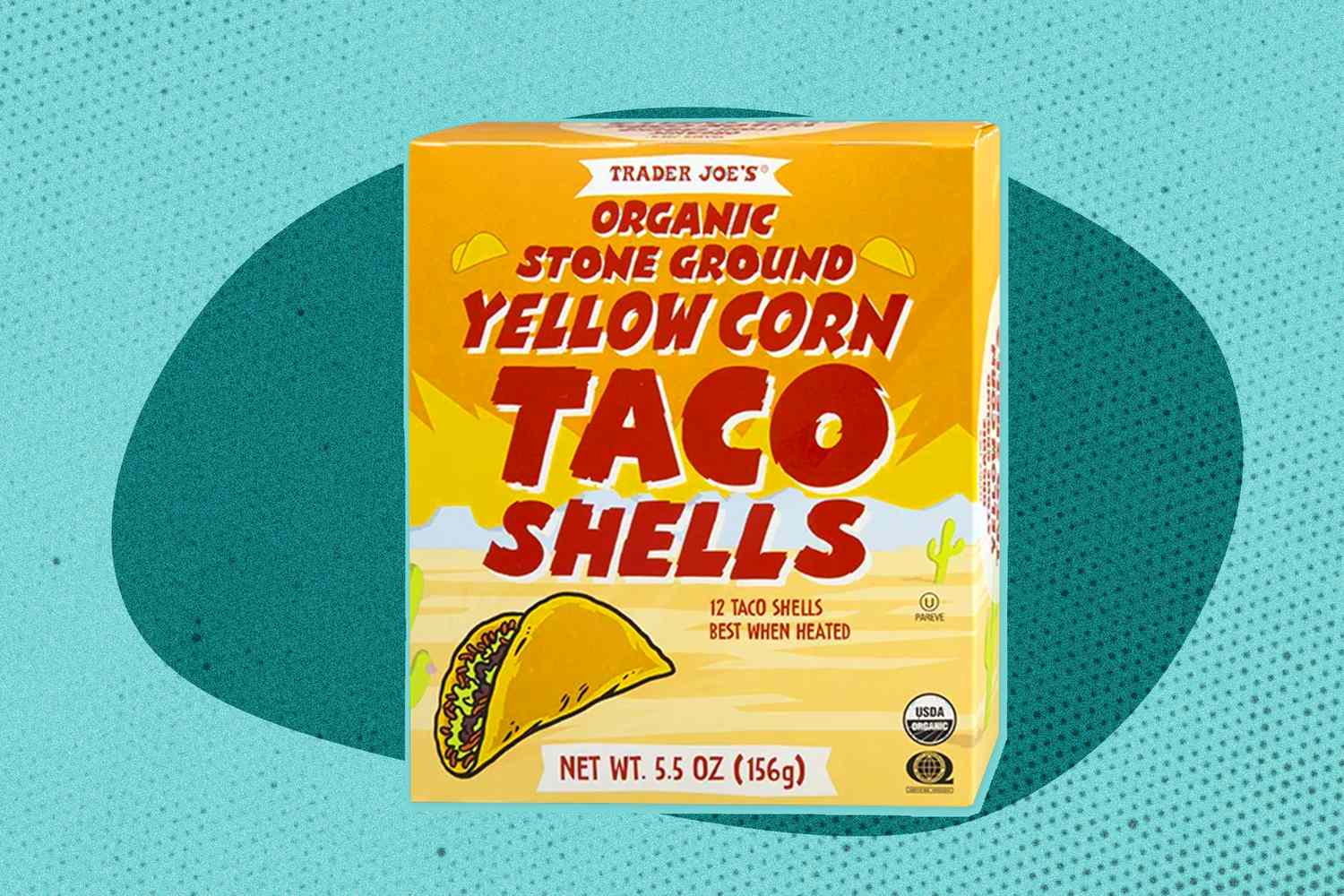A box of Trader Joe's taco shells on an illustrated background 