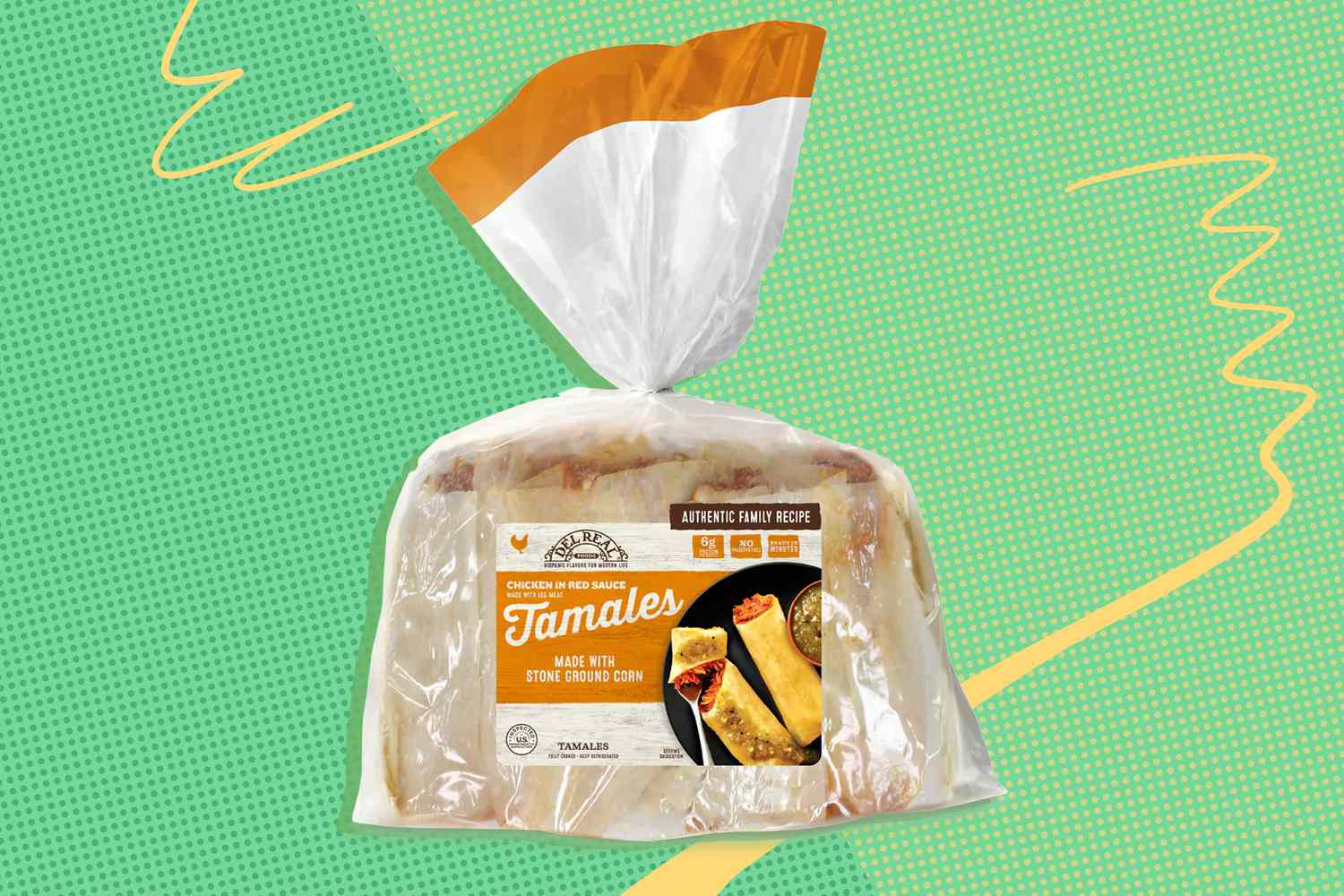 Del Real Foods Tamales package over a colorful background 