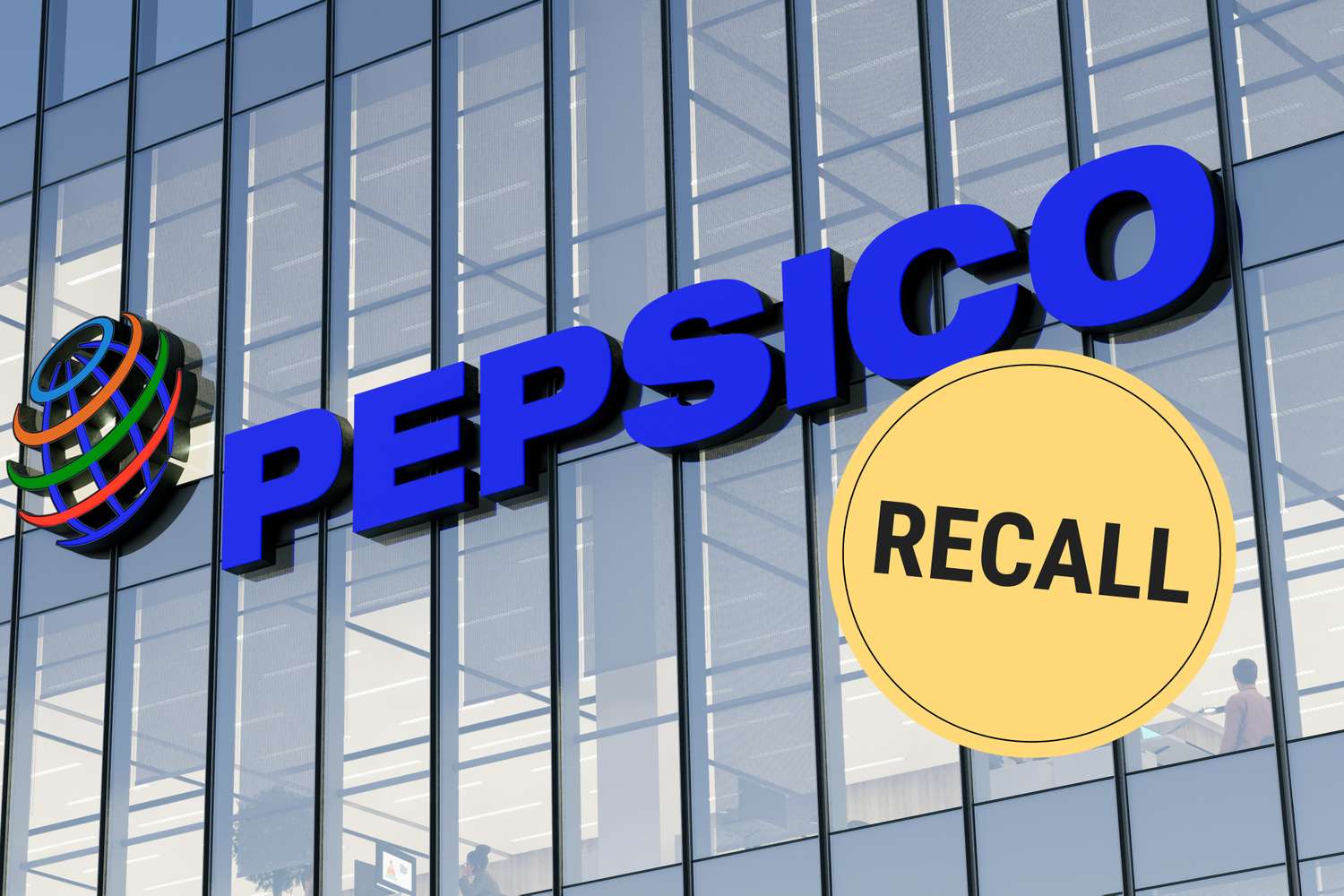 A building facade with the PepsiCo logo and a yellow circular label reading Recall overlayed