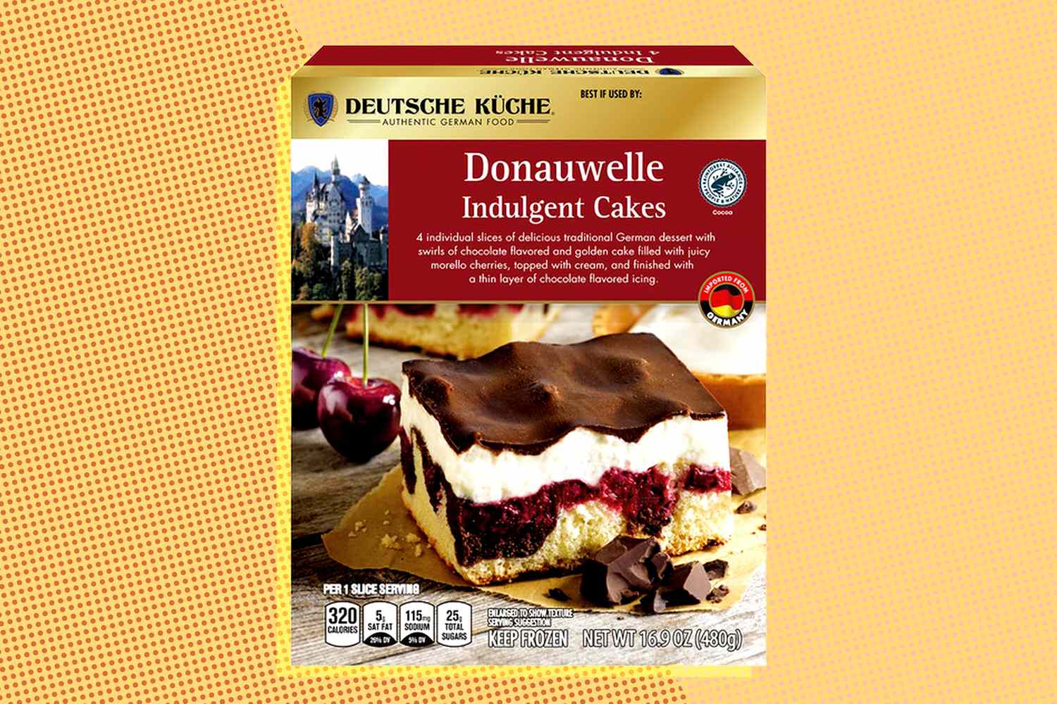 Donauwelle Indulgent Cakes box over a yellow background
