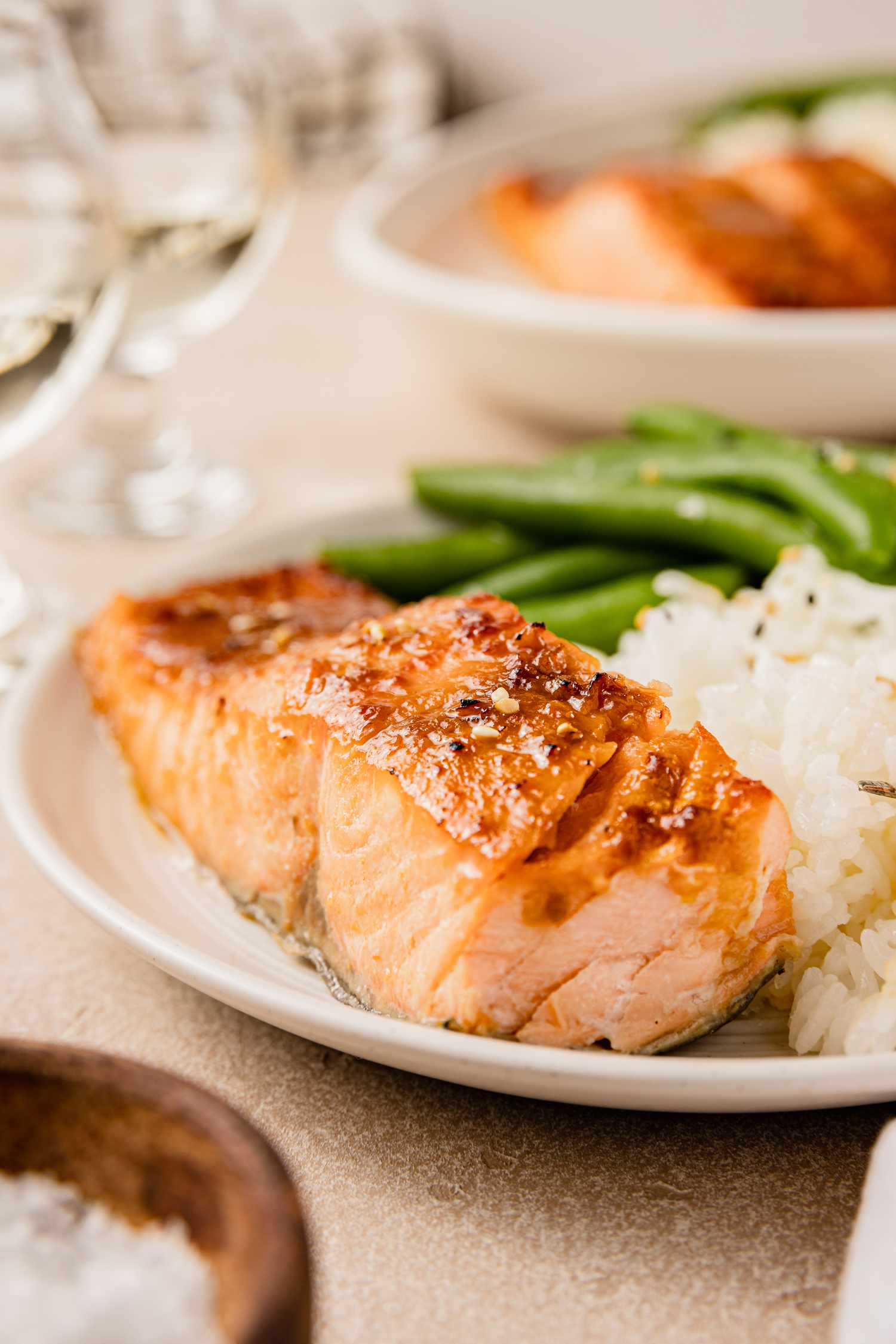 Miso Glazed Salmon on a Plate with Green Beans and Rice