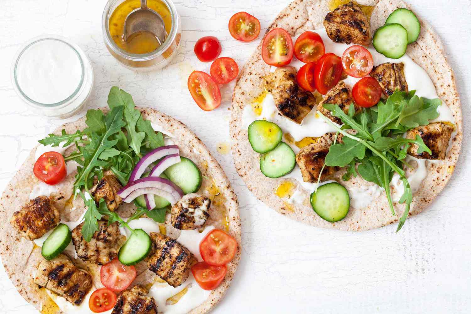 Greek Chicken Skewers with Flatbread and Yogurt Sauce (Chicken Souvlaki)