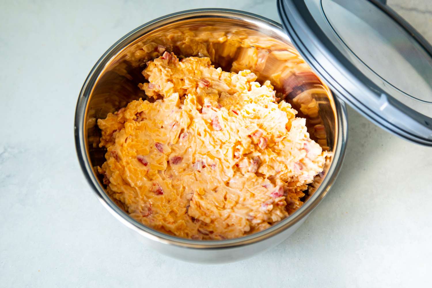 Bowl of Pimento Cheese with Lid Off