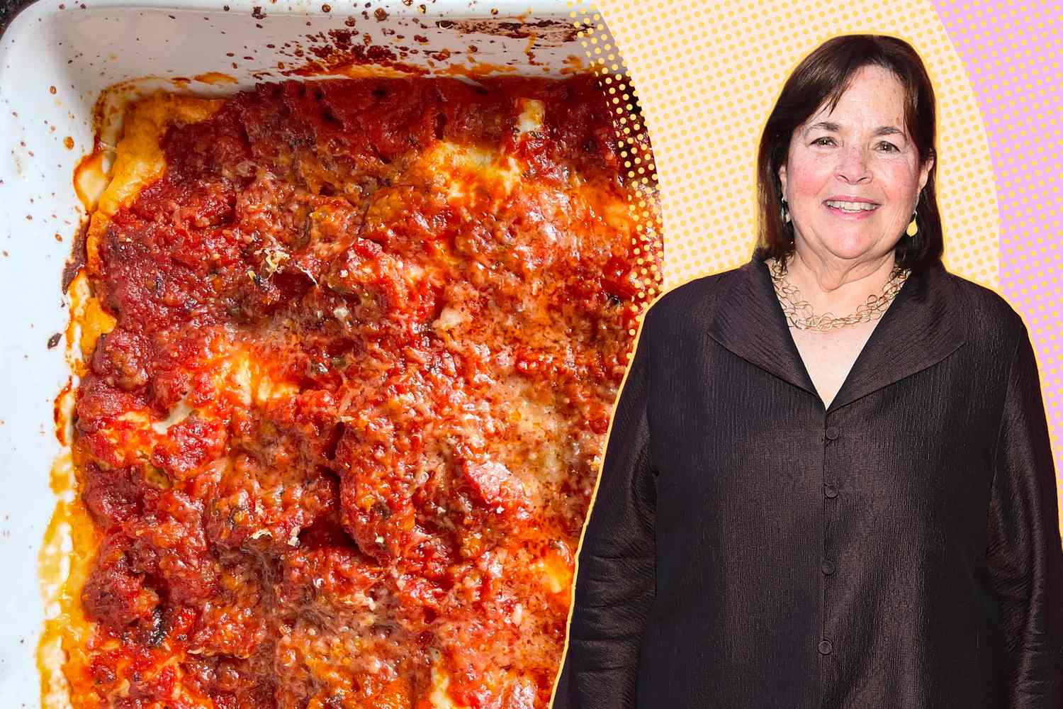A split image of Ina Garten standing next to a dish of baked lasagna