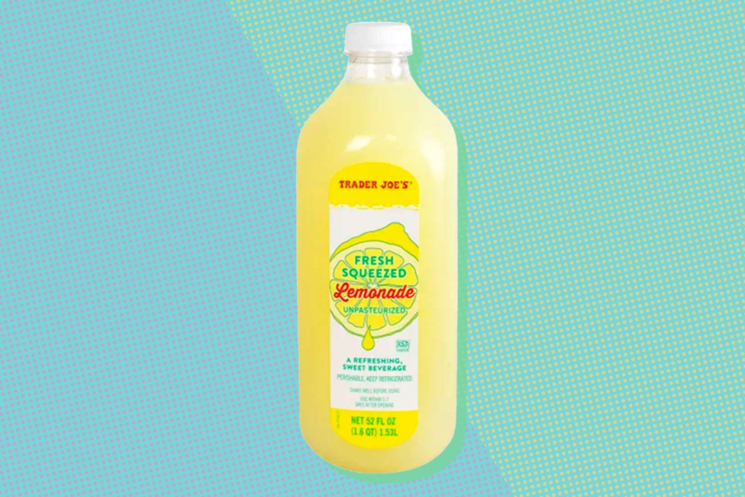 A bottle of Trader Joe's Fresh Squeezed Lemonade on a blue background