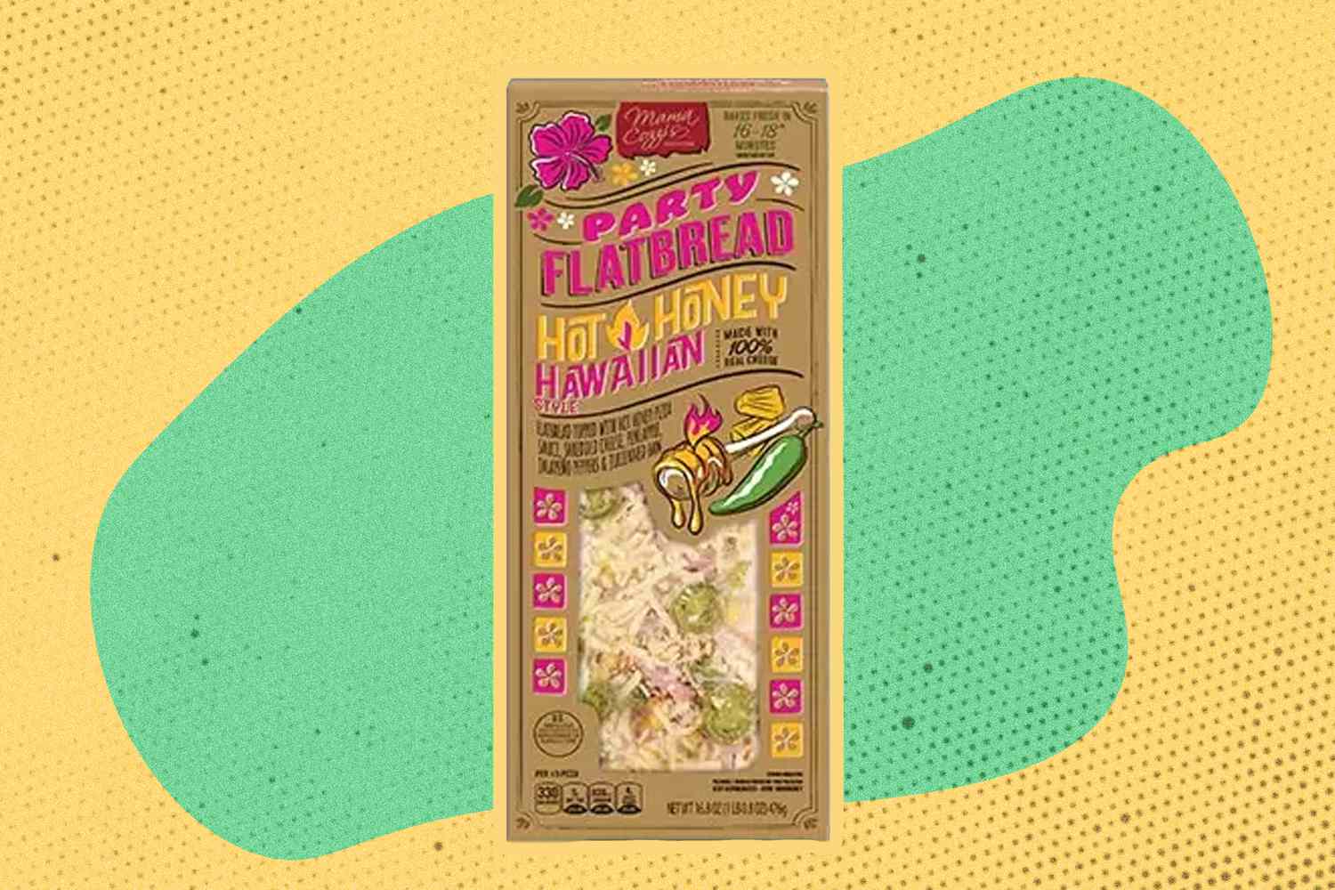 Mama Cozzi Flatbread Pizza box over a colorful background